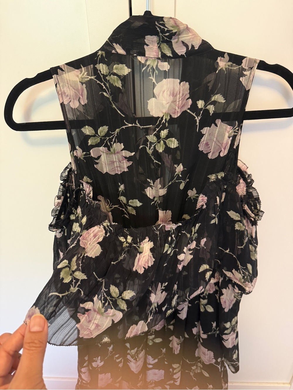 Ulla Johnson Marion Dress Silk Chiffon Cold Shoulder Black w Blush Floral Size 0 - Picture 9 of 14